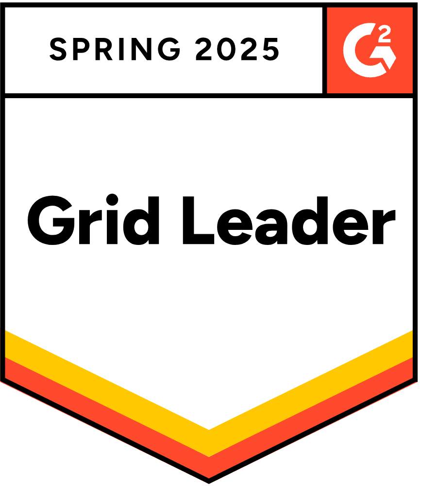 Badge with text: Spring 2025 at the top and Grid Leader in bold in the center. Top right has the G2 logo. The bottom has yellow, orange, and red stripes.