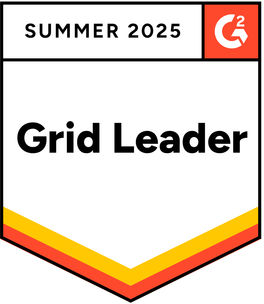 G2 Summer 2025 badge with Grid Leader written in bold text. The badge has a white background with yellow, orange, and red stripes at the bottom and the G2 logo in the top right corner.