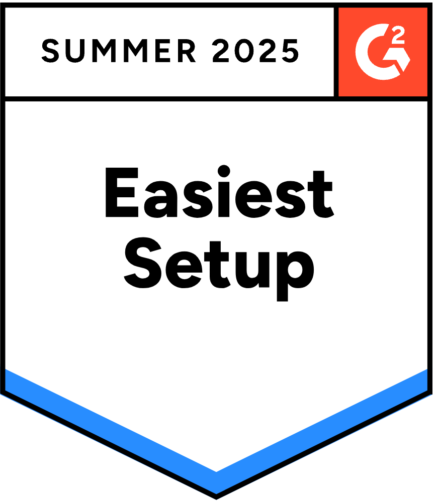 A badge with SUMMER 2025 at the top, the G2 logo in the corner, and the text Easiest Setup in bold in the center with a blue chevron at the bottom.