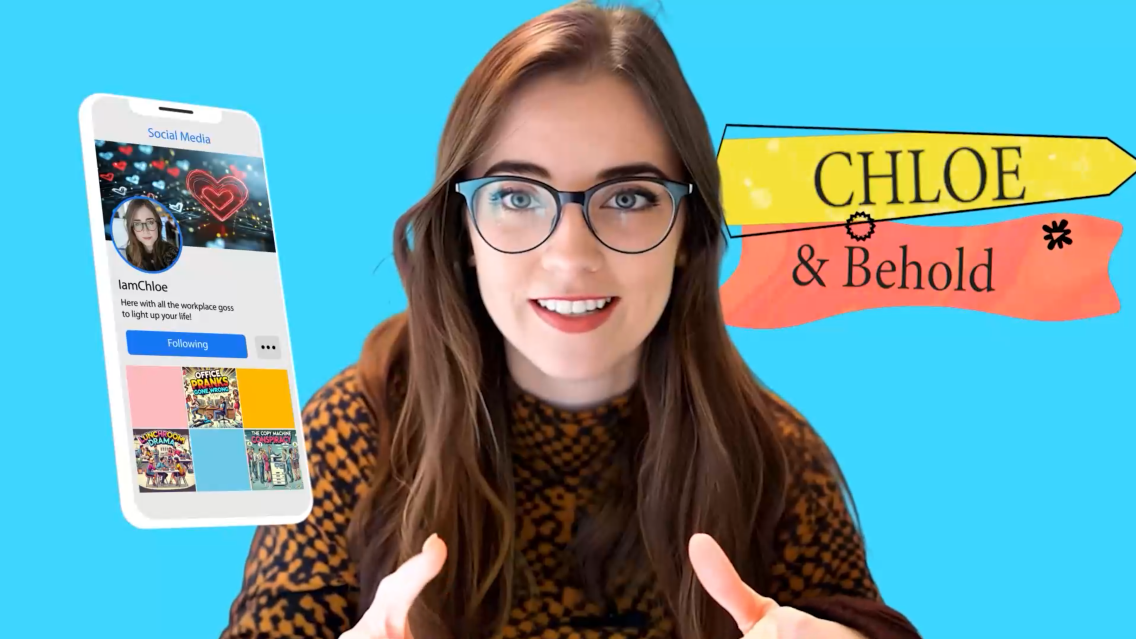 A smiling woman with long brown hair and glasses gestures with her hands. Beside her is a smartphone screen showing a social media profile, and a colorful sign that reads “CHLOE & Behold” on a blue background.