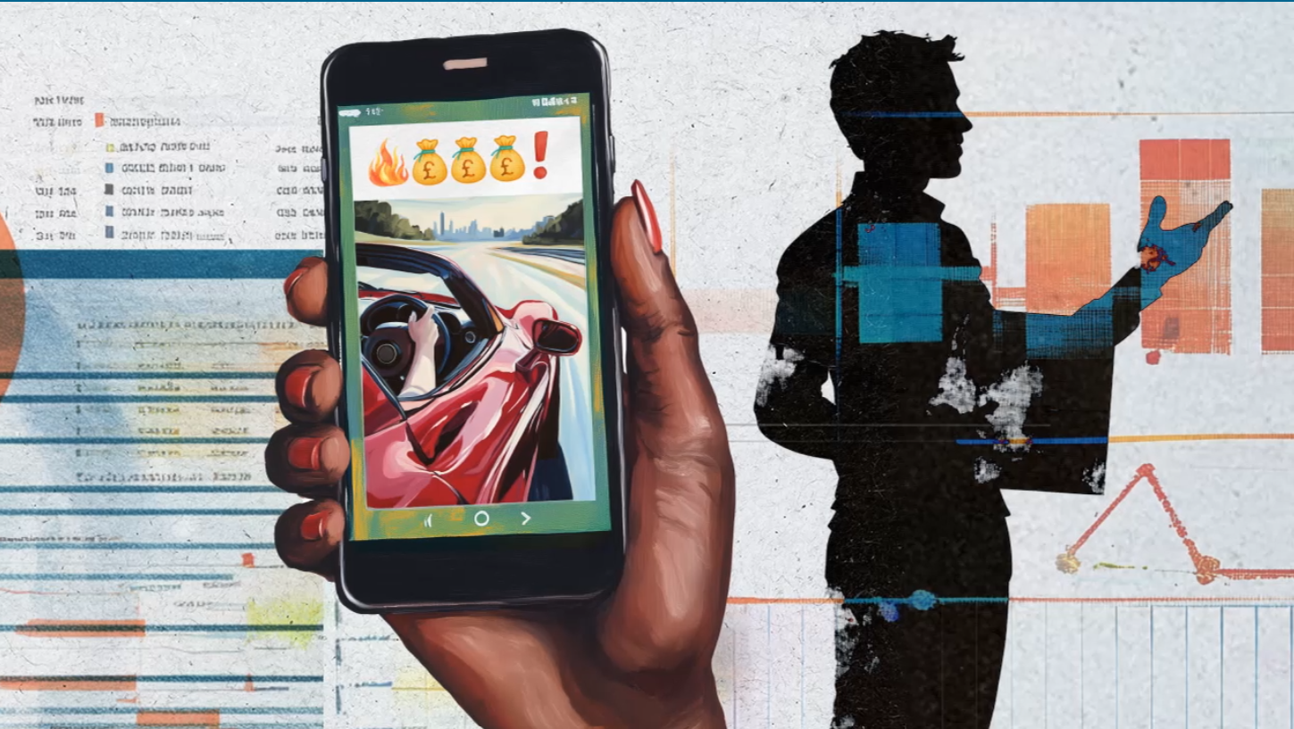 A hand holds a smartphone displaying a driving game with a red sports car, emojis, and score. In the background, a silhouette of a person gestures in front of abstract charts and graphs.