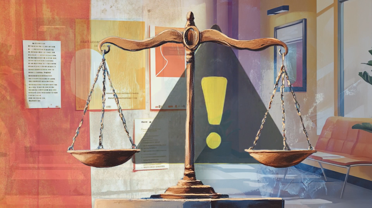 A brass balance scale sits atop a table in a colorful office with posters, documents, and an exclamation mark symbol on the wall in the background. Light casts shadows across the room.