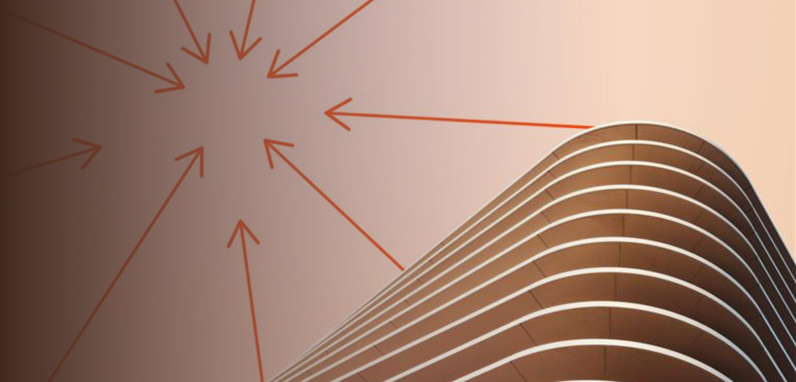 A modern building with curved lines and layered balconies in the lower right corner. Red arrows radiate outward in various directions against a gradient beige and brown background.